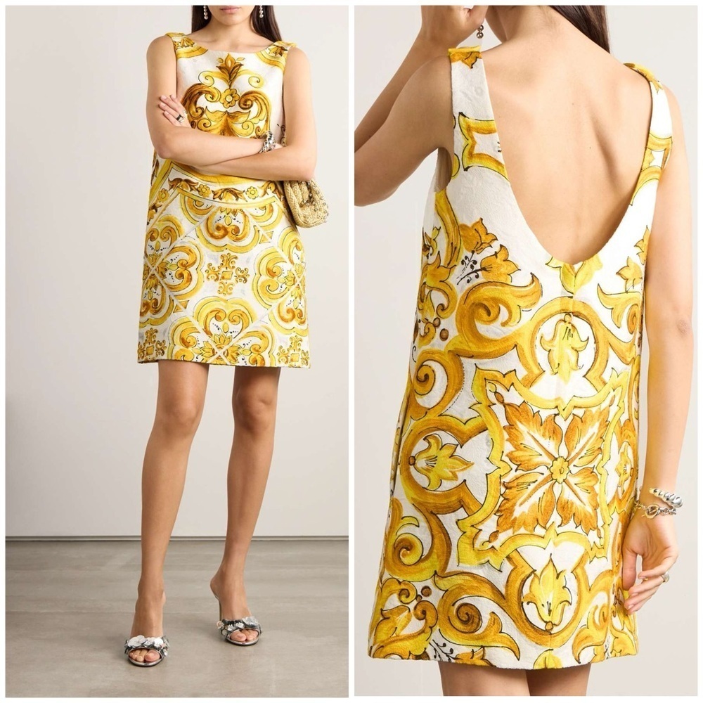 Dolce & Gabbana Majolica Brocade Printed Mini Shift Dress Yellow Mod Sz 44